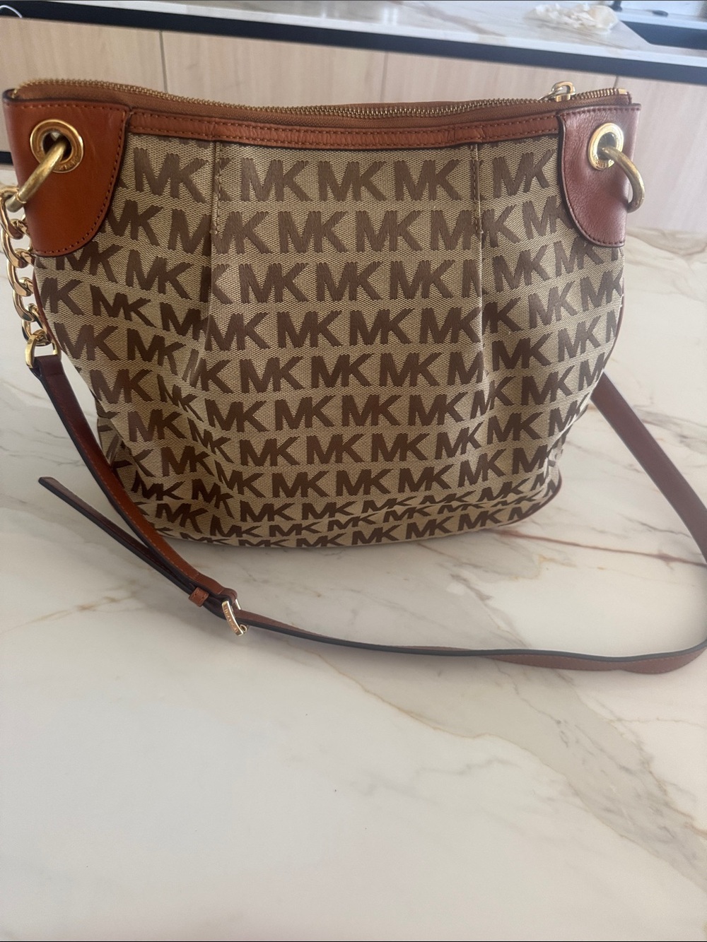 Michael Kors Beige and Brown MK Monogram Crossbody Bag